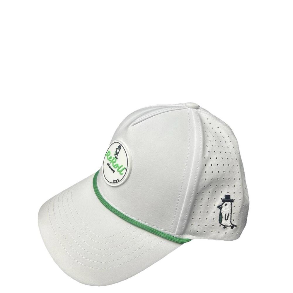 ReRoll Cap White Snapback – Perforated Golf Hat Logo Patch Green Trim New NWOT